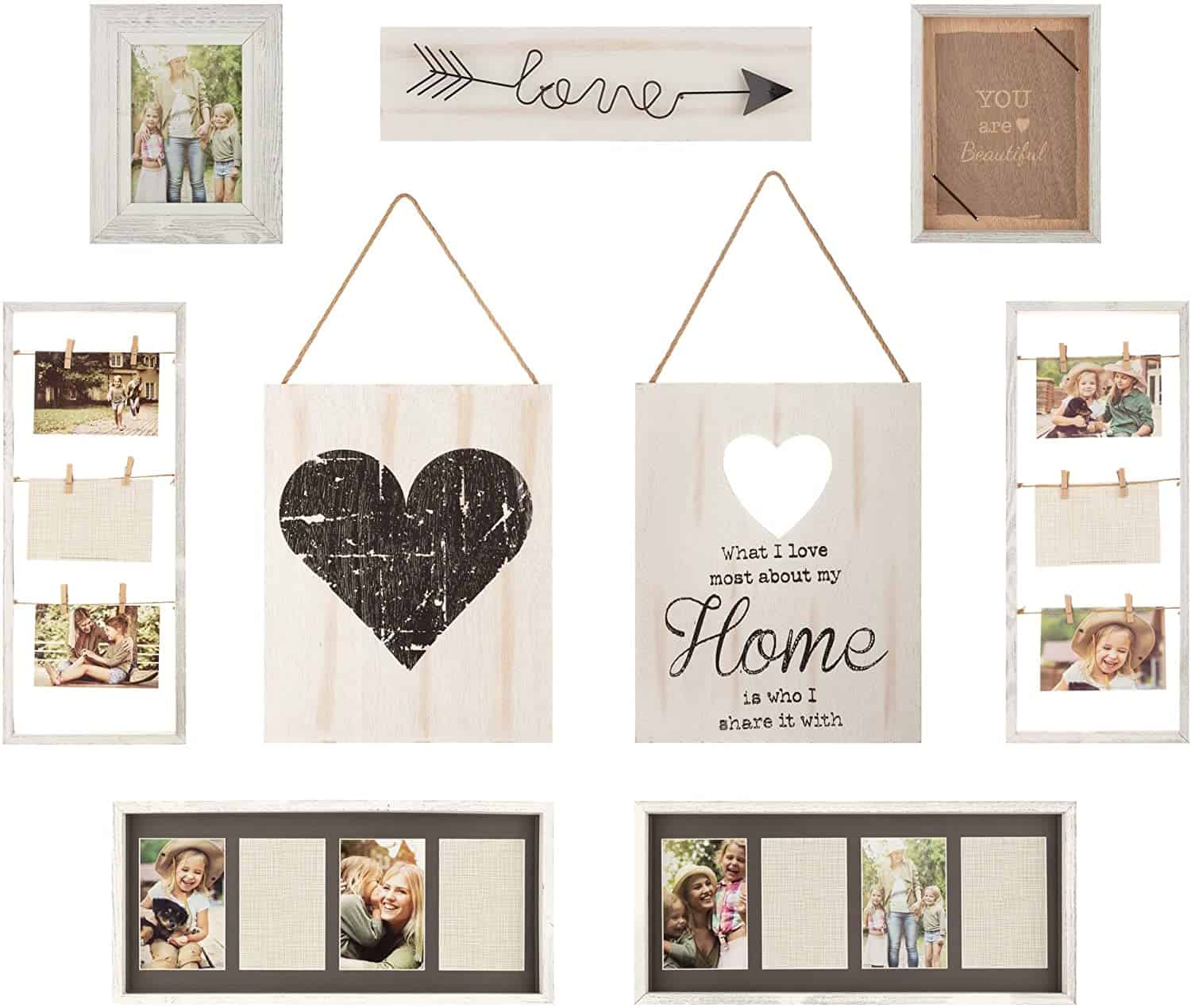 If you love the farmhouse style, a gallery wall collage kit like this picture frame set is a great way to display personal family photos in your bedroom