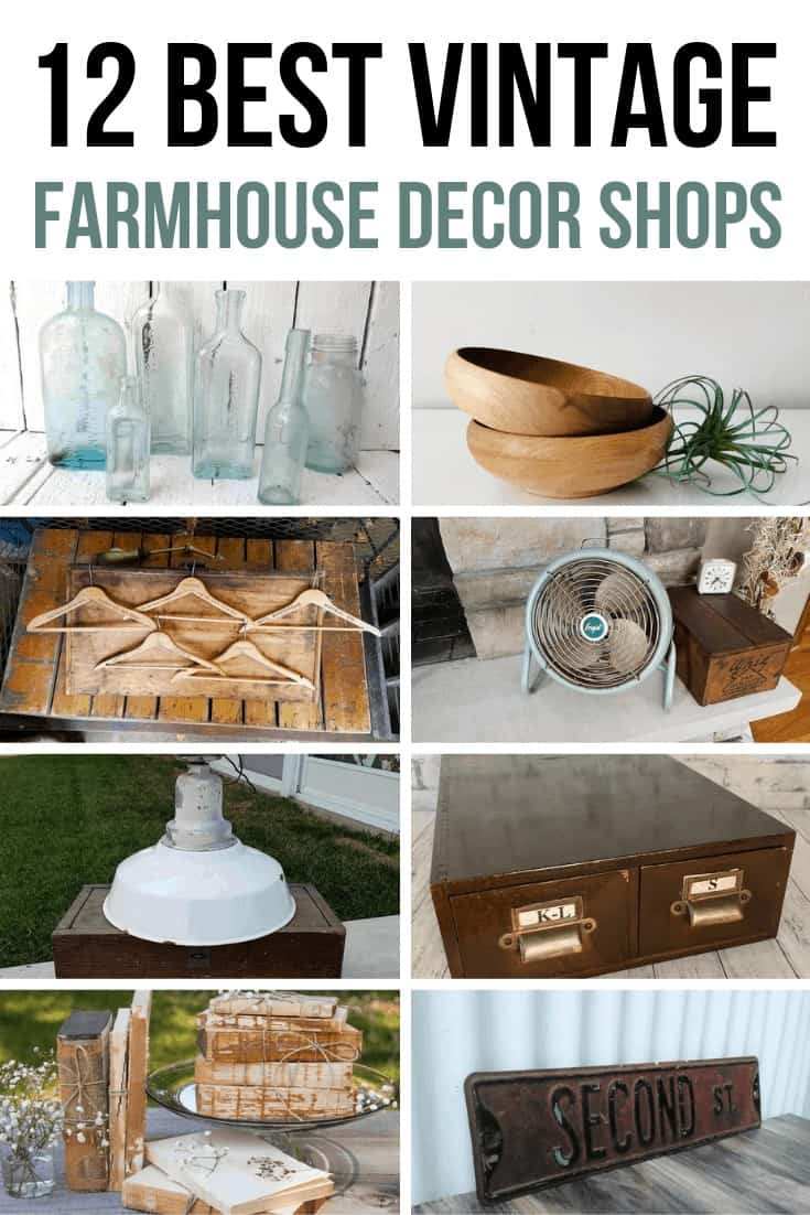 Old bottles, wooden bowls, vintage hotel hangers, frigid adjustable metal, old fan, and wooden card catalog in a collage with text overlay that says 12 Best Vintage Farmhouse Decor Shops on Etsy