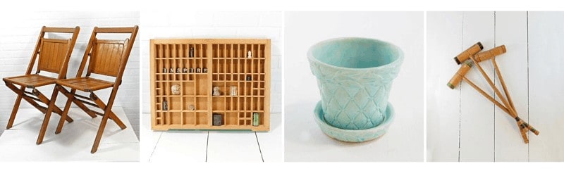 Wooden foldable chairs, vintage shelf, blue pot, wooden mallet in a collage with white background.