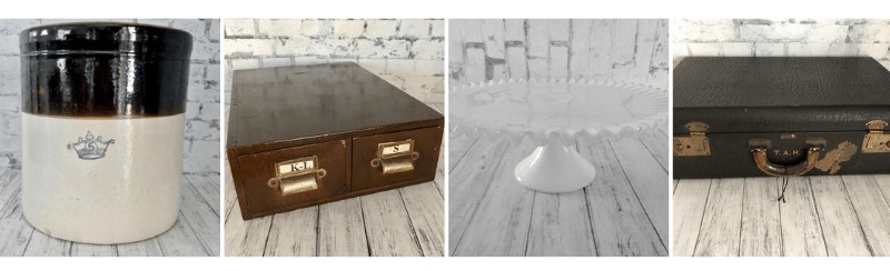 Old mug, wooden card catalog, vintage plate, vintage suitcase from the vintage Etsy shop called Country Girls Vintage