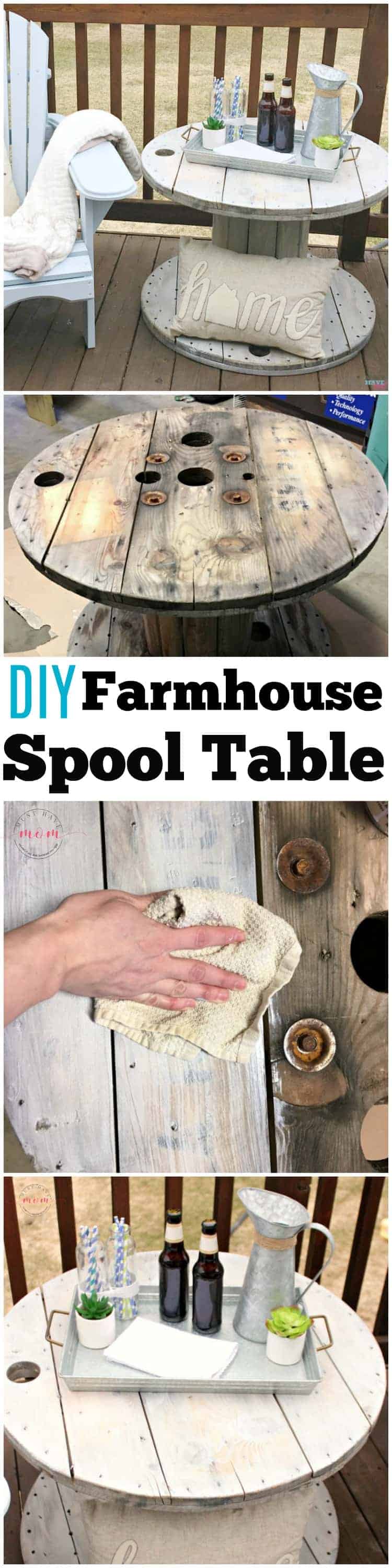 Four image collage showing DIY farmhouse spool table getting redone and then staged on a porch with chairs and drinks
