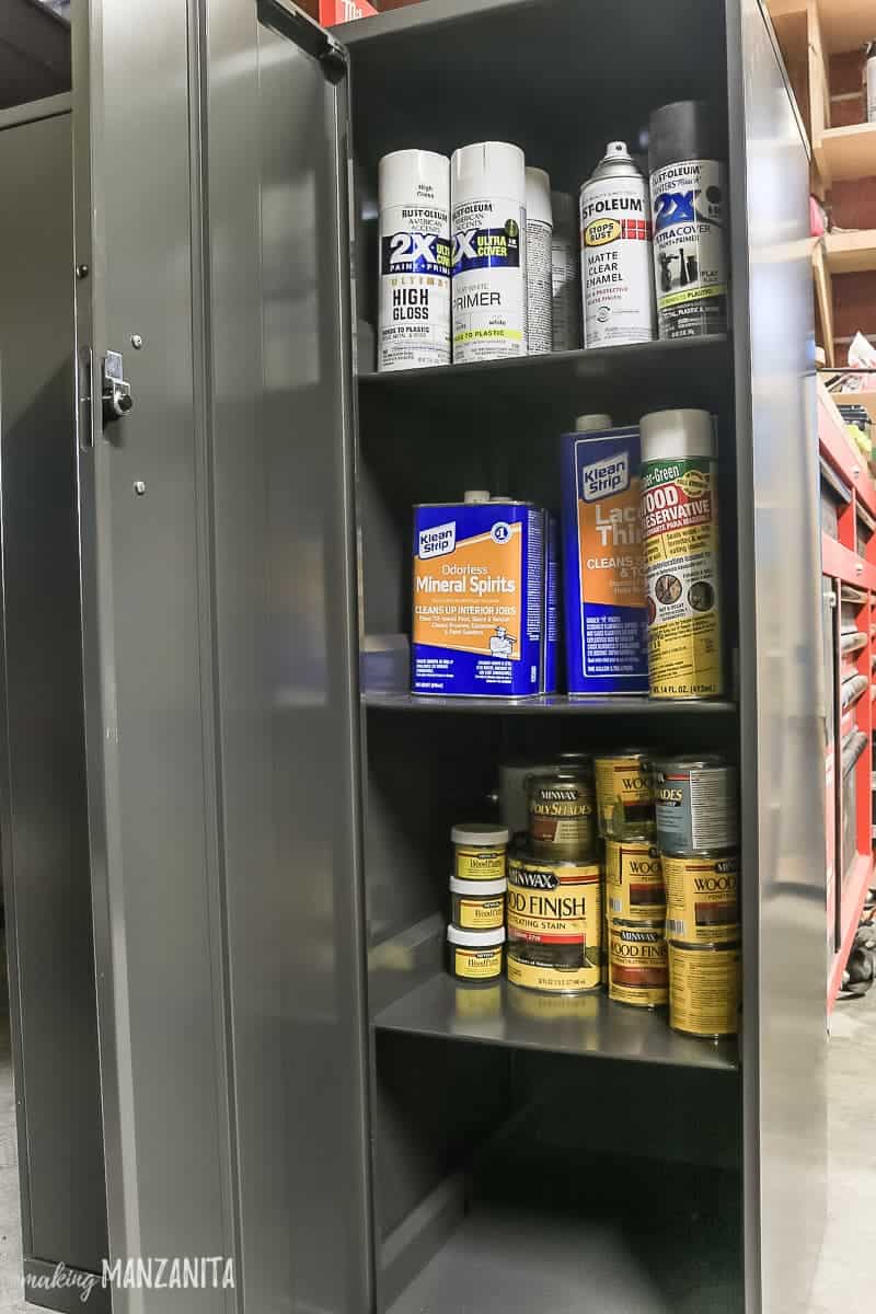 Spray paint, mineral spirits, and wood stains are dangerous items that should be locked away in a storage cabinet