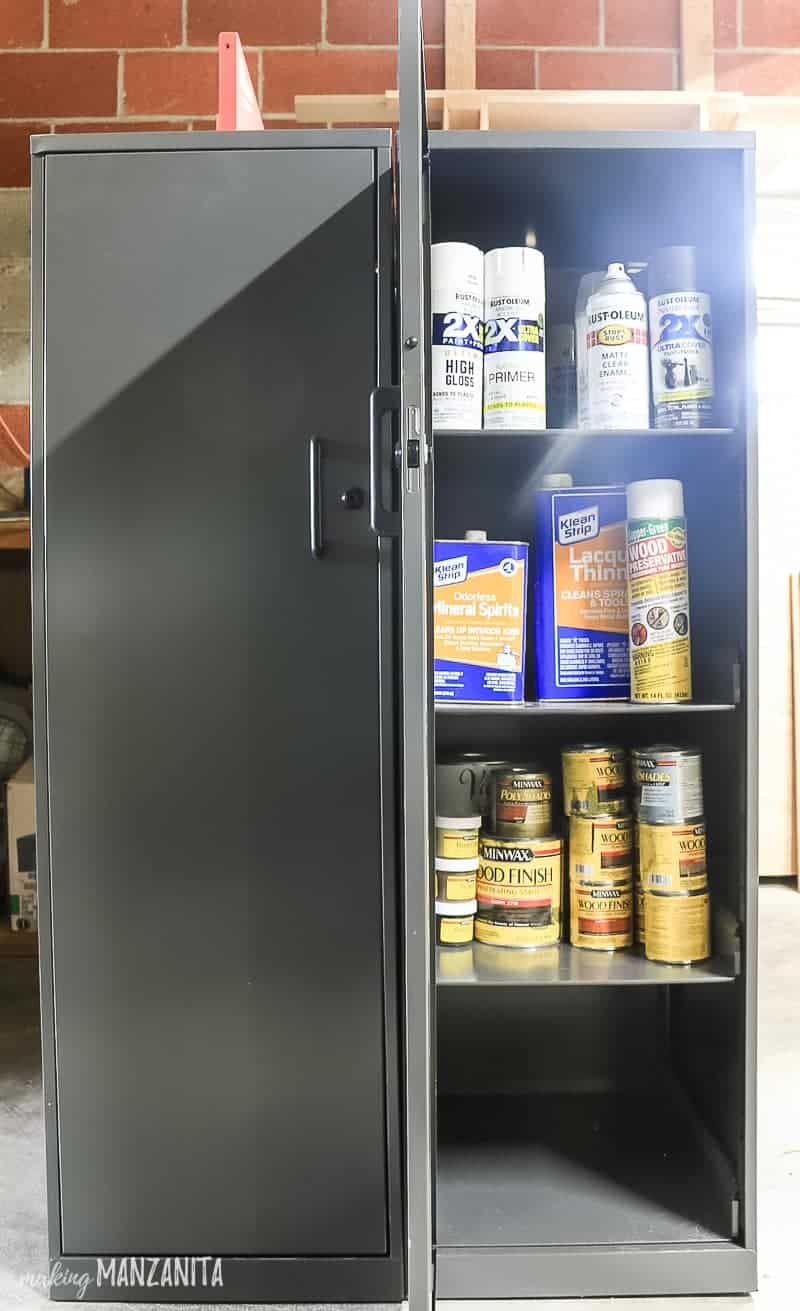We kidproofed our garage with these convenient locking storage cabinets to store chemicals and solvents
