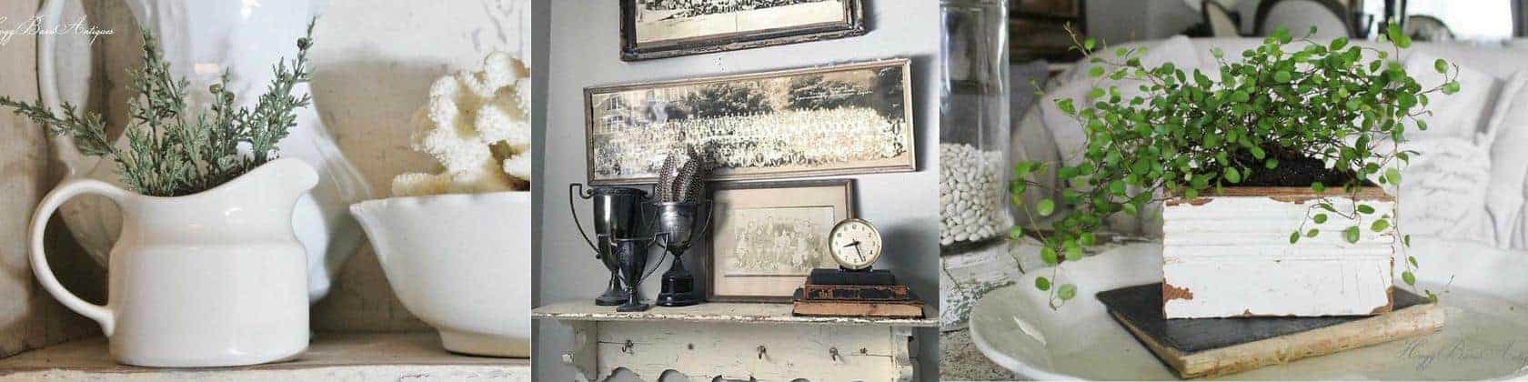 Vintage plant vase, old picture frame, plant box in a collage showing offerings from Hogg Barn Antiques vintage Etsy shop