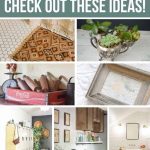 Collage of vintage decor in the home like a vintage rug in bathroom, vintage silver as succulent planter, vintage crate with rolling pins, old fabric in frame, lockers in office, old tubs as a sink in laundry room and dresser as a vanity in bathroom with text overlay that says love vintage decor, check out these ideas