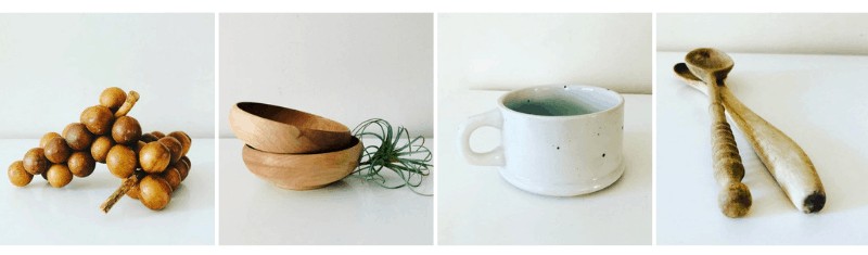 Offerings from the Merc vintage Etsy shop with wooden grapes, wooden bowls, old, white big mug, wooden utensils in a collage with white background.