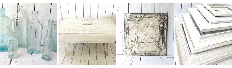 Vintage bottles, wooden bench, vintage tin ceiling and old wooden frames in a collage with white background.