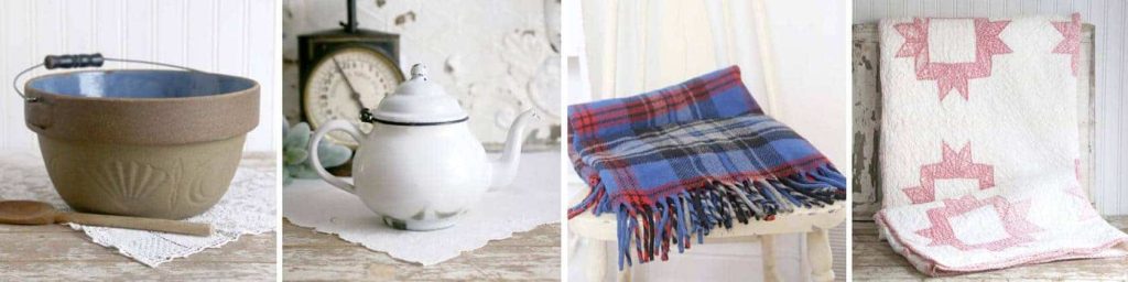 Vintage bowl, tea kettle, plaid blanket and handmade vintage pink and white quilt