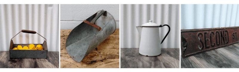 Metal basket, vintage metal gran scoop, old coffee pot and metal street sign in a collage with white background.