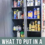 Open doors on locking storage cabinet showing DIY supplies like wood stain and spray paint as well as harmful chemicals like pest control and fertilizer with a text overlay that says what to put in a locking cabinet