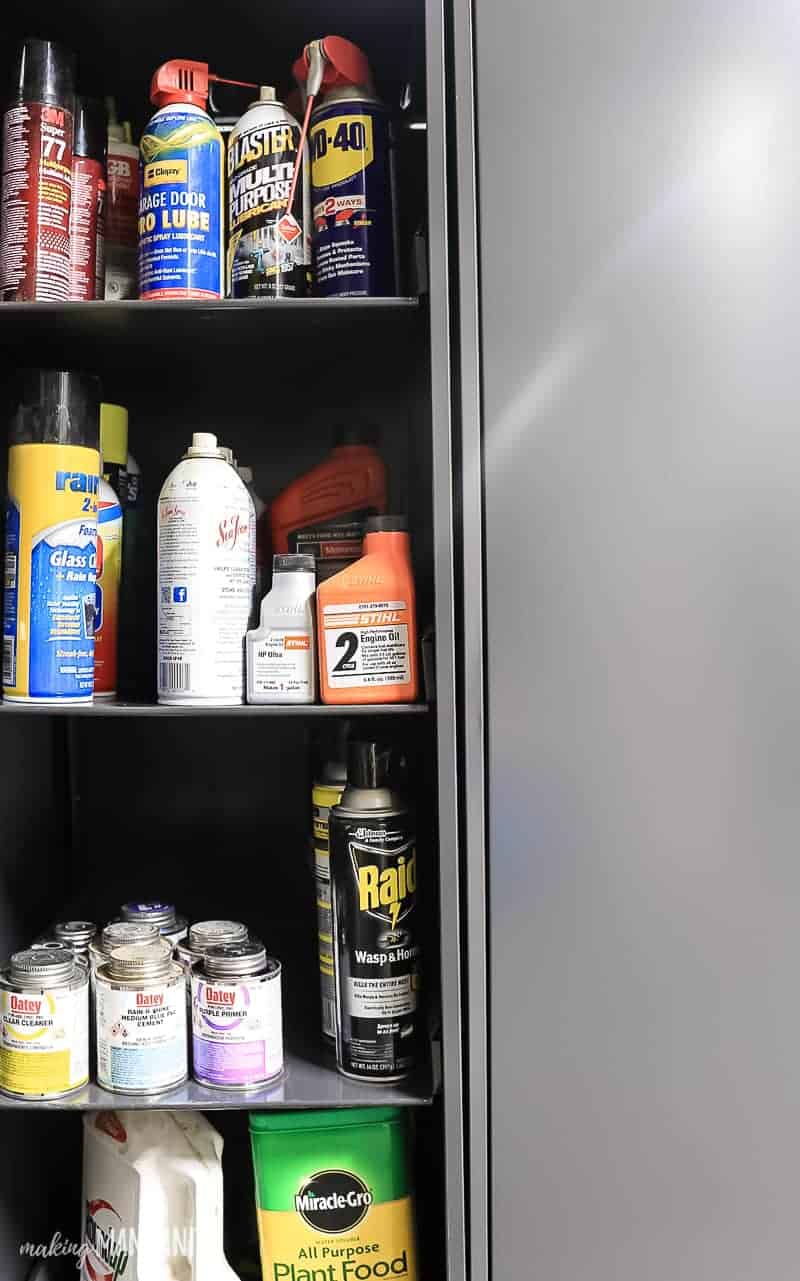 Chemicals like bug sprays and cleaning solvents should always be kept safely stored in a locking storage cabinet and away from children