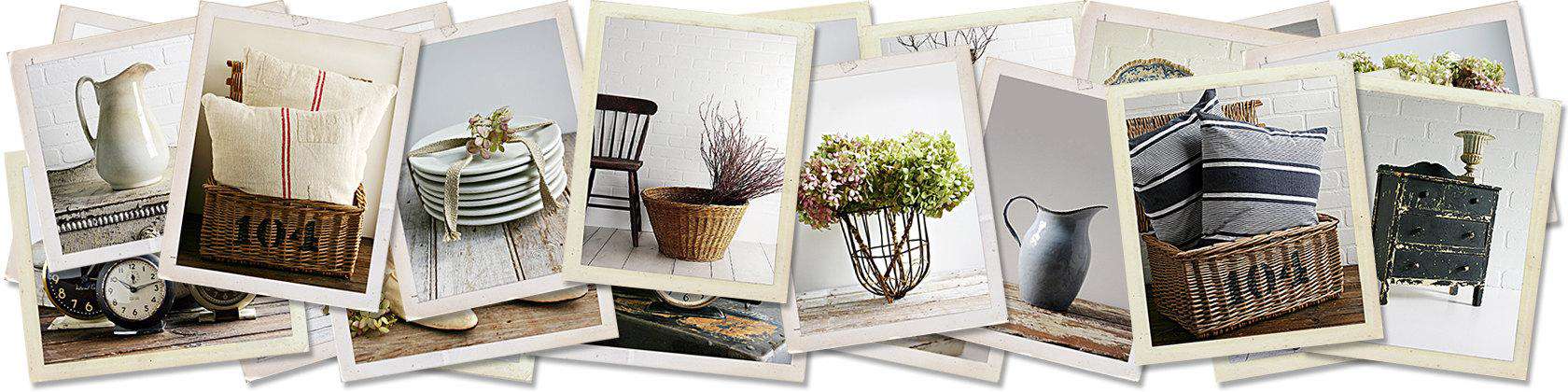 Vintage pillows, plates, basket, plant vase, tin pitcher and drawer in a collage.