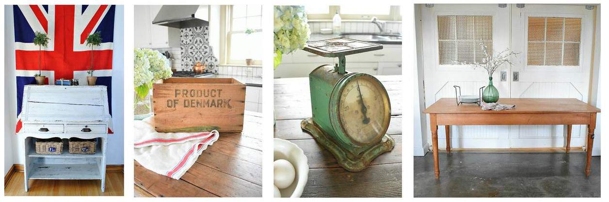 Showing what the vintage Etsy shop called Noble Vintage Shop sells with a vintage cabinet, wooden storage box, old weighing scale, wooden table in a collage with white background.