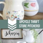 Before and after picture of farmhouse style thrift store upcycle with pitchers and spray paint