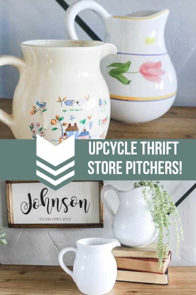 Before and after picture of farmhouse style thrift store upcycle with pitchers and spray paint