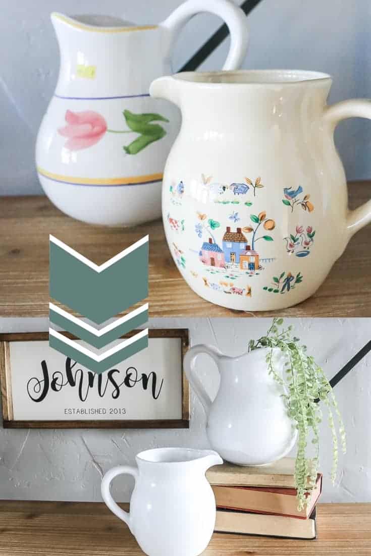 Before and after photos showing how we turned two thrifted ceramic pitchers into stylish white farmhouse pitchers in just a few simple steps.