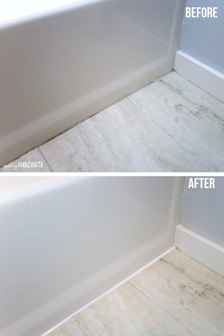 Before and after image of caulk in bathroom along the edge of bathtub after recaulking