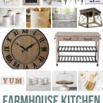 Collage of kitchen towel, chalk board, lead table, accent chairs, equivalent wall sign, canisters, utensil crock, apron-kitchen sink, kitchen light fixture, wooden clock, kitchen cart, YUM sign, stoneware mug, cake stand and serving board with text overlay that says Farmhouse Kitchen Essentials.