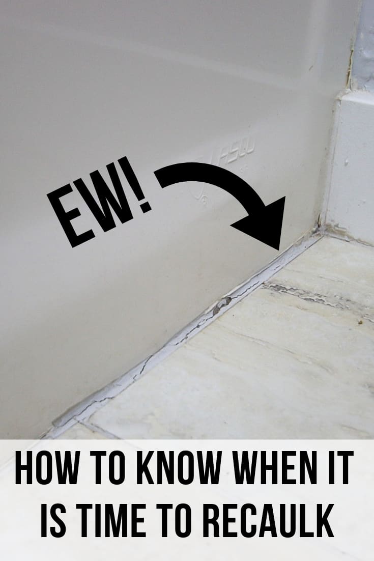 Cracked and peeling caulk line between tub and flooring desperately needs to be recaulked! Here's how to recaulk a bathtub 