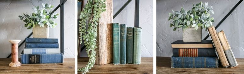 vintage books styled on a shelf with faux greenery from vintage etsy shop called Manzanita Exchange