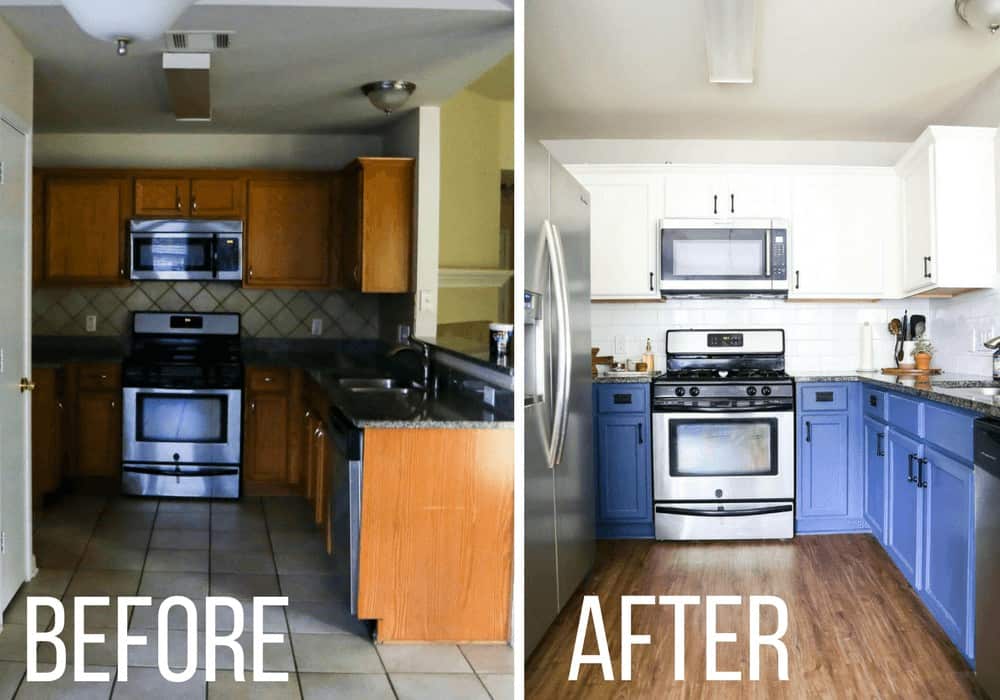Before and after kitchen renovation photo - before shows outdated, dark and dingy kitchen and after shows light and bright kitchen with new subway tile backsplash, white and blue two toned painted cabinets