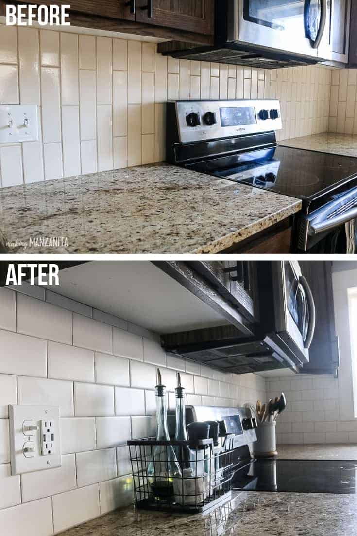 The before and after pictures of the kitchen backsplash near the stove - from vertical tan tiles to clean white subway tiles.