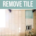 Mess of removing tile backsplash on kitchen counter with text overlay that says how to remove tile