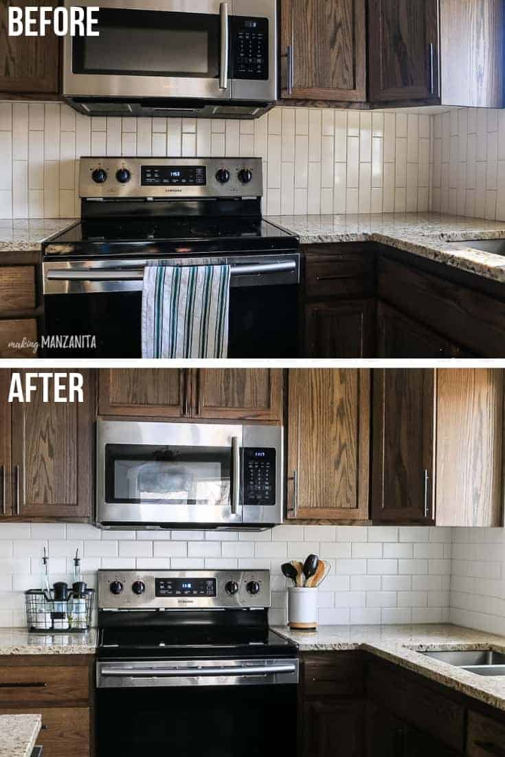 Before and after pictures showing a new white subway tile backsplash installed in a kitchen with dark wood upper and lower cabinets replacing a tan vertical tile backsplash