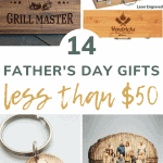 shoes 4 gift ideas for dad, such as, a key ring, BBQ kits, and a wood family picture with over lay text that says 14 father's day gifts less than $50