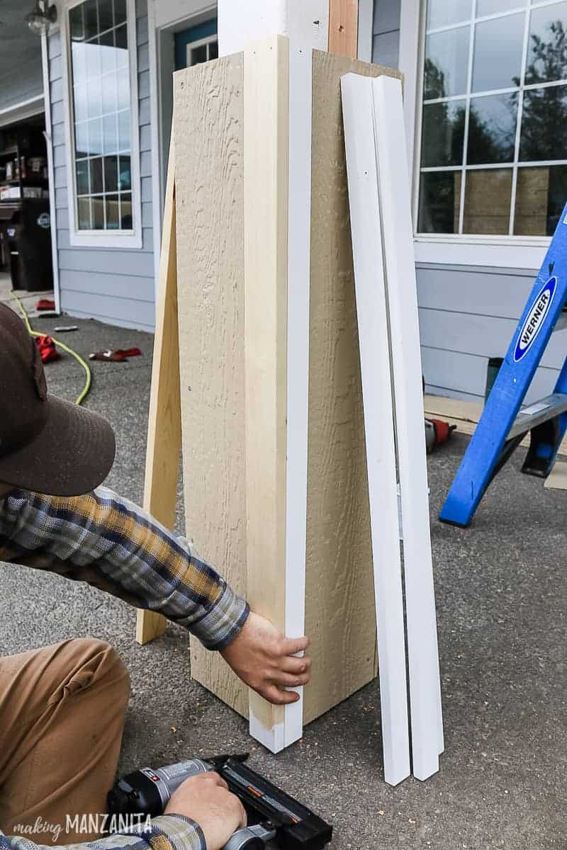 Nailing trim to the corner of DIY porch posts 