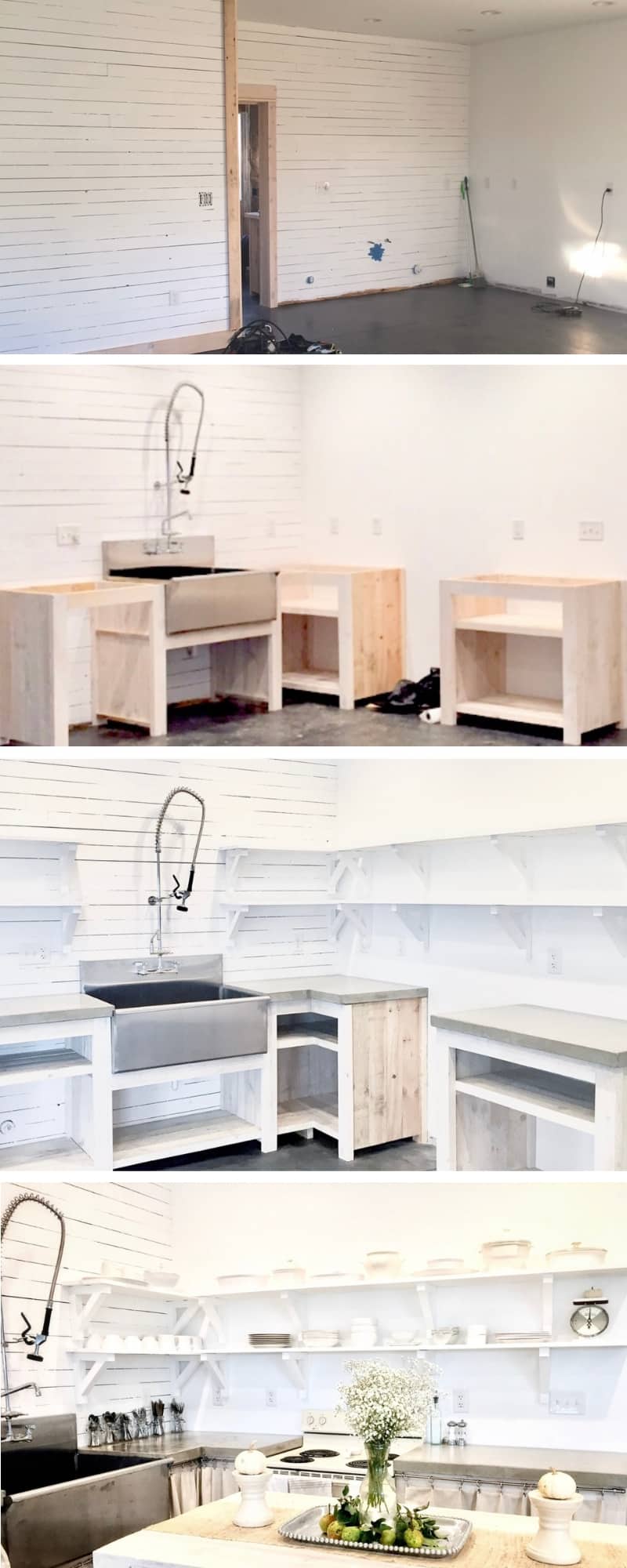 Photo collage showing the steps for building a DIY kitchen with white shiplap walls, DIY cabinets, open shelving, a large farmhouse stainless steel sink and concrete countertops with farmhouse decor