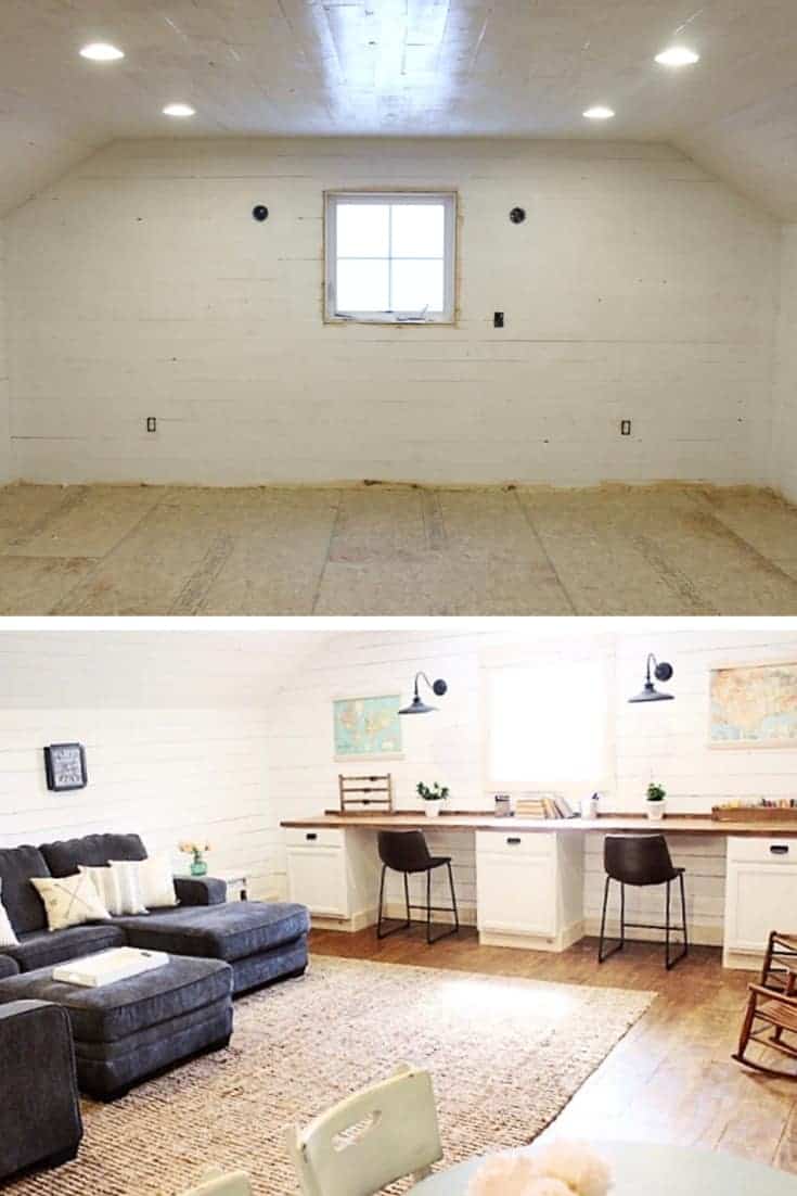 Before and after renovation pictures of a brand new loft area with white shiplap walls in a farmhouse showing side by side desks for homeschooling and a large rug and sectional couch