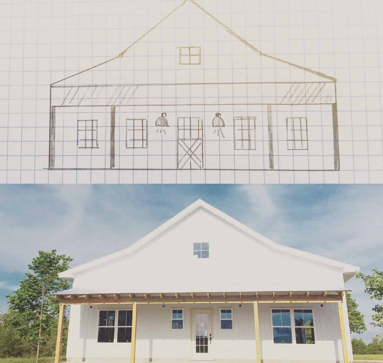 Top of photo shows a hand drawn sketch of a farmhouse and bottom shows the DIY house built with white siding and a covered porch with wooden posts