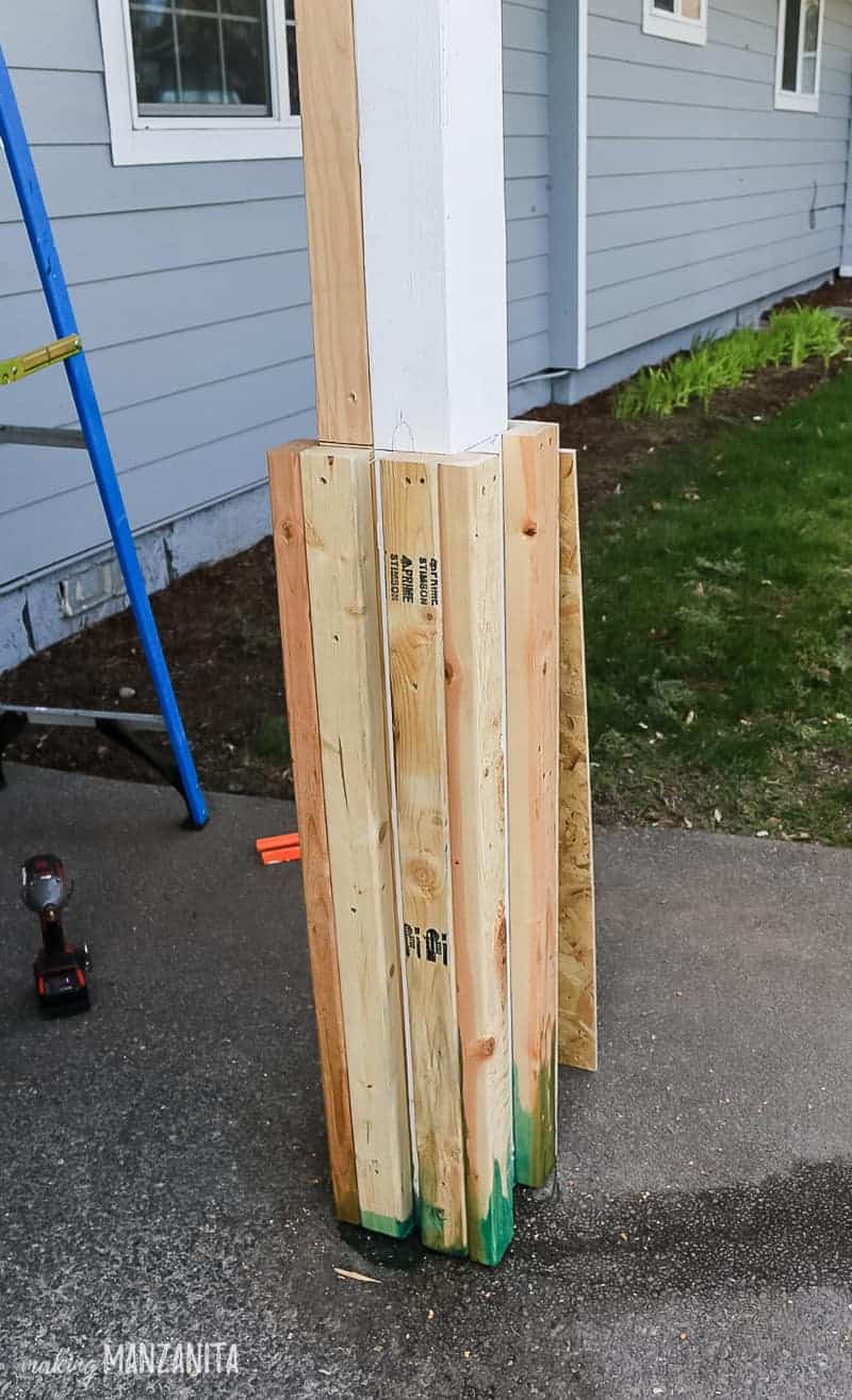 Beefed out bottom portion of porch posts with 2x3s 