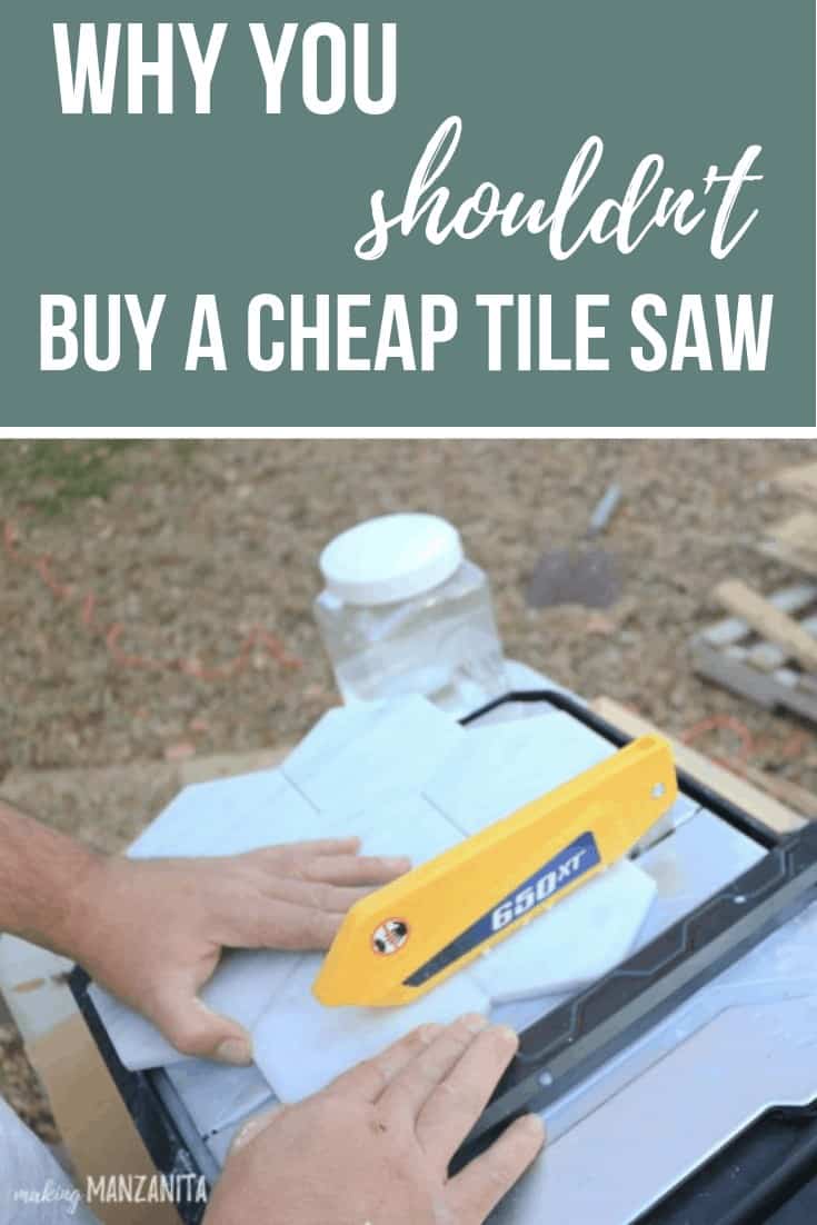 Man cutting marble hexagon tiles with a wet tile saw with text overlay that says why you shouldn't buy a cheap tile saw