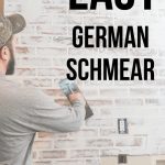 Man adding german schmear finish to fake brick wall panels with a trowel with text overlay that says easy german schmear