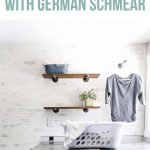 Modern farmhouse laundry room with a faux brick wall, pipe shelves, side by side washer and dryer, window with text overlay that says faux brick wall with german schmear