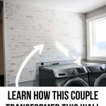 Laundry room with DIY faux brick accent wall above washer and dryer with text overlay that says get the look for less and learn how this couple transformed this wall for less than $100