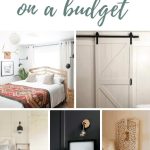 Photo collage with modern bedroom, barn door, farmhouse bedroom with ladder as nightstand, dark walls in moody bedroom with text overlay that says small bedroom ideas on a budget