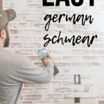Man applying joint compound over fake brick wall paneling with text overlay that says easy german schmear