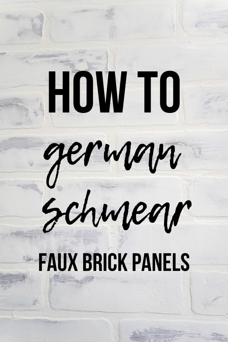 Close up image of whitewashed brick wall in background with text overlay that says how to german schmear faux brick panels