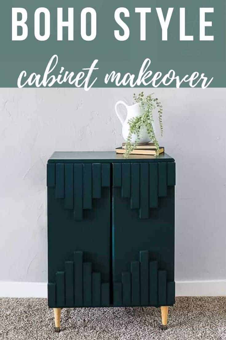 Finished dark green laminate cabinet makeover with text overlay that says Boho Style cabinet makeover