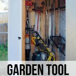 Side view of the backyard shed showing the organized garden tools and machines inside with a text overlay that says Garden Tool Storage Idea