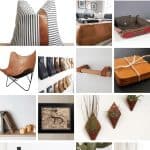 Collage of leather pillow with faux fabric, leather ottoman, vallet tray, leather chair, leather drawer pulls, leather tissue roll holder, coasters, leather strapped wall hang, personalized map, leather planter, leather strap holder, leather vase, leather hanging planter with text overlay that says Leather Home Decor