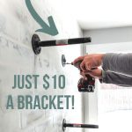 Attaching pipe along with other attached pipe lines on the wall with text overlay that says industrial shelves and Just $10 a Bracket