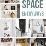 Collage of cubby storage, diy shelf with hooks, mirror with hooks, split modern entryway, entry with sharpie shiplap with text overlay that says 21 small space entryways