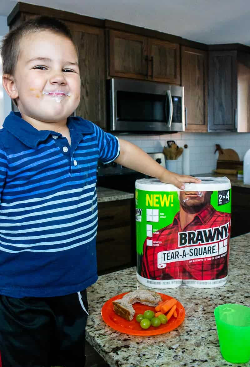 Boy with mess on his face holding the pack of paper towels while eating sandwich carrots and grapes