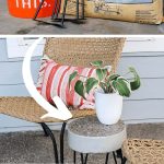 Photo of orange bucket, hairpin legs, concrete mix and an arrow pointing to the finished DIY concrete side table with text overlay that says DIY Concrete table