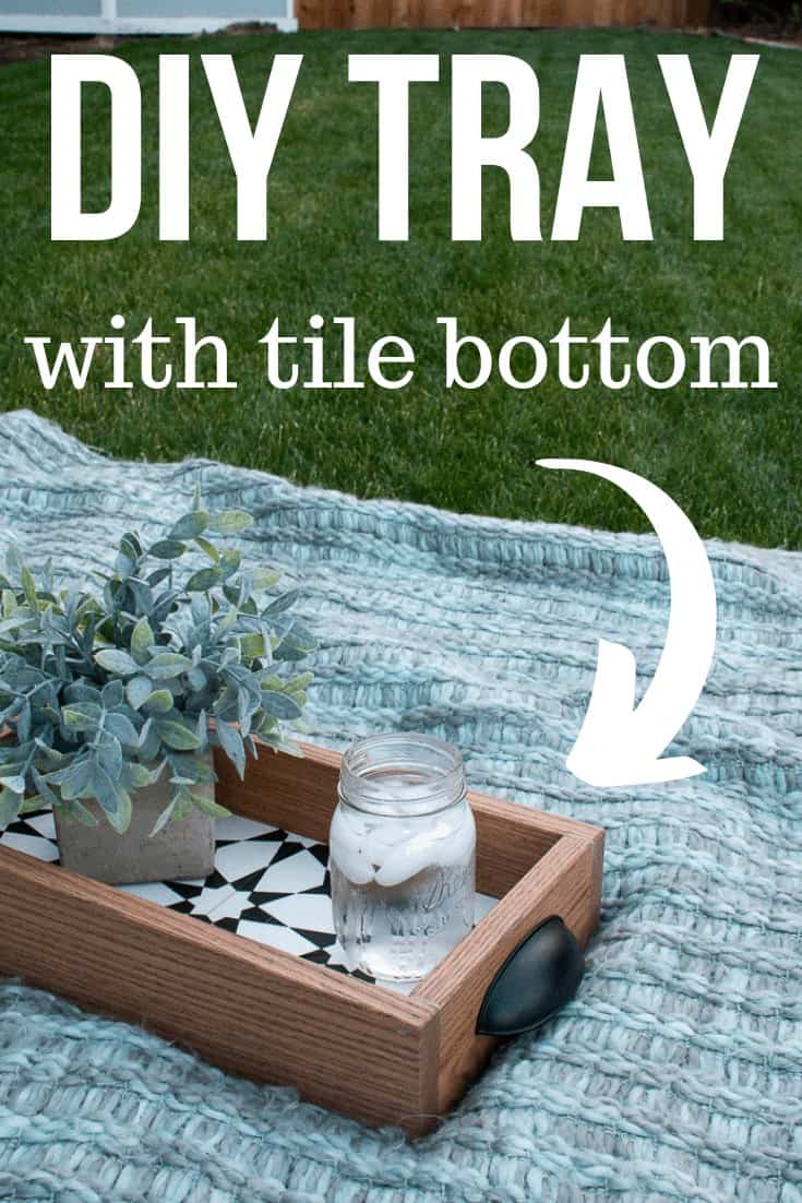 DIY serving tray with iced water and succulent on the picnic blanket in what to do with leftover tiles with text overlay that says DIY tray with Tile Bottom