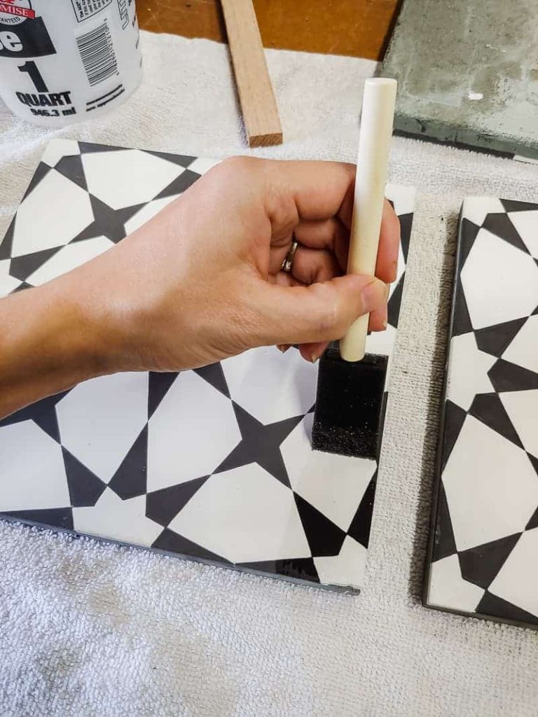 what to do with leftover tiles? Apply seal to cement tile first with foam paint brush